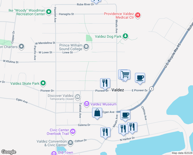 map of restaurants, bars, coffee shops, grocery stores, and more near 160 Bremner Street in Valdez