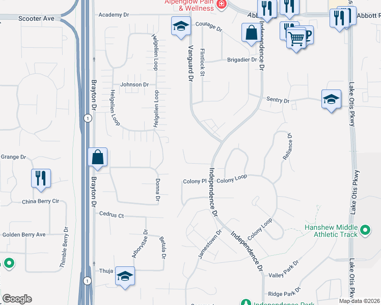 map of restaurants, bars, coffee shops, grocery stores, and more near 9700 Vanguard Drive in Anchorage
