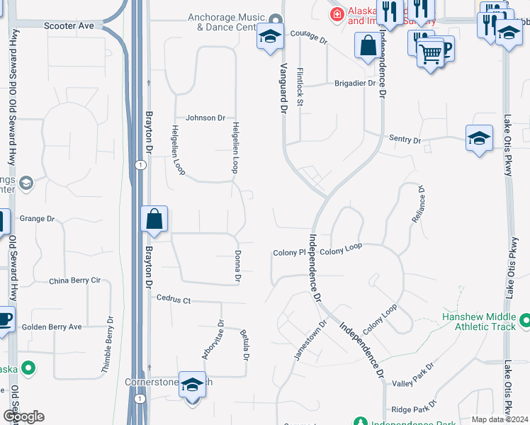 map of restaurants, bars, coffee shops, grocery stores, and more near 1801 Congress Circle in Anchorage