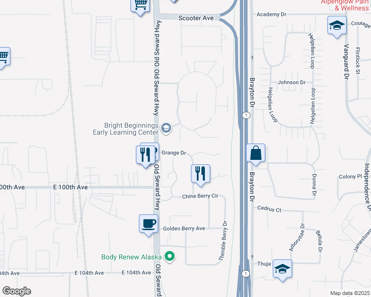 map of restaurants, bars, coffee shops, grocery stores, and more near 9700 Morningside Loop in Anchorage