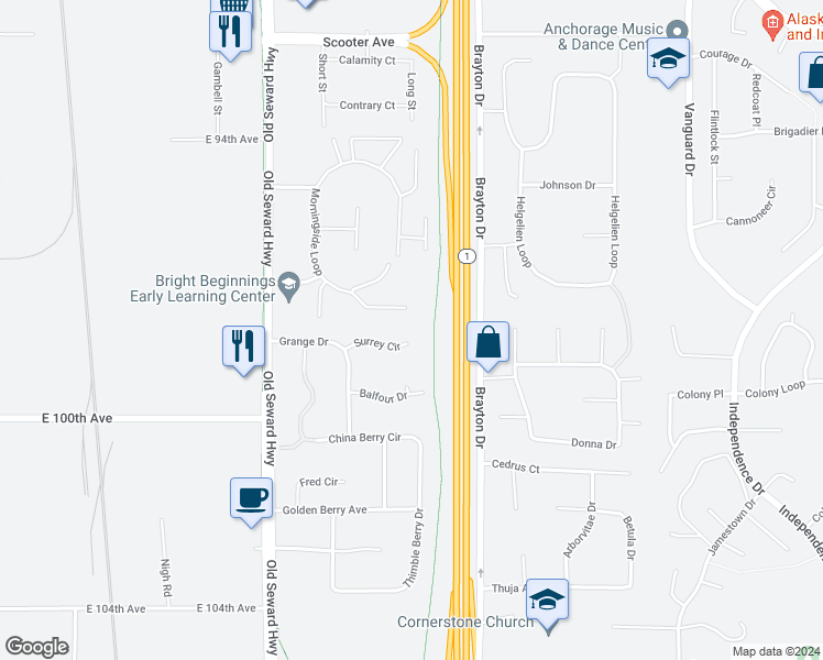 map of restaurants, bars, coffee shops, grocery stores, and more near 1261 Surrey Circle in Anchorage