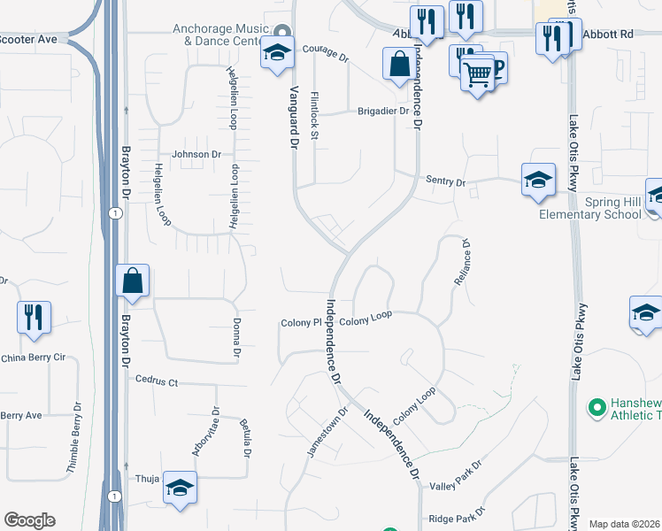 map of restaurants, bars, coffee shops, grocery stores, and more near 9740 Independence Drive in Anchorage