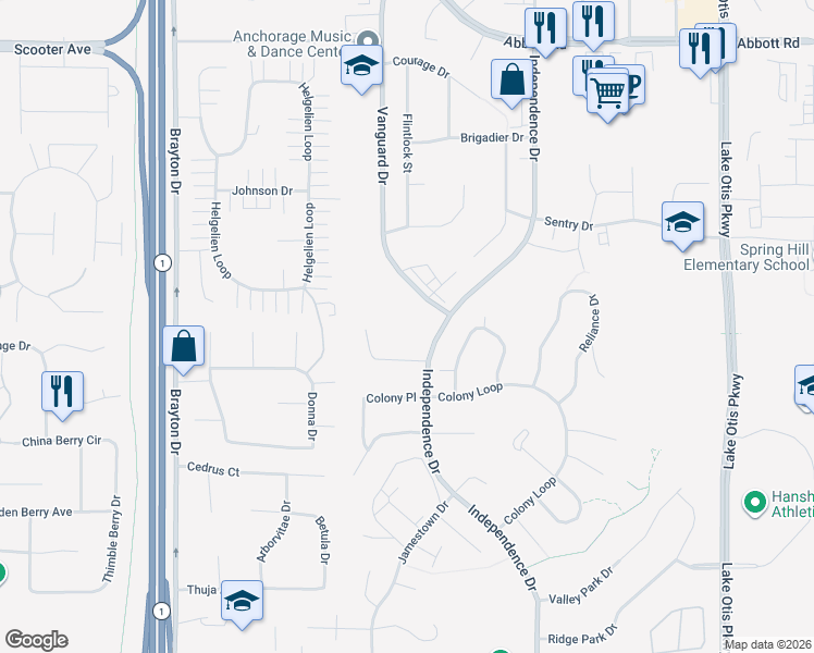 map of restaurants, bars, coffee shops, grocery stores, and more near 9700 Vanguard Drive in Anchorage
