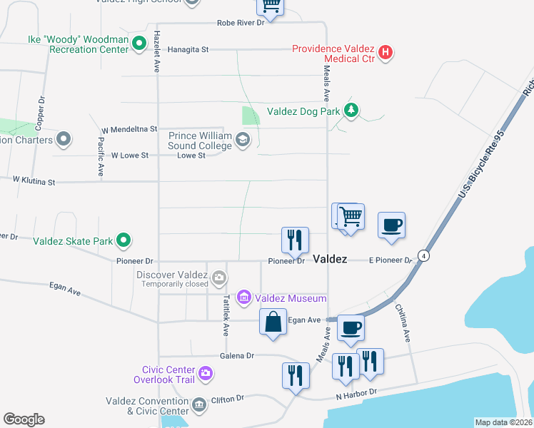 map of restaurants, bars, coffee shops, grocery stores, and more near 160 Bremner Street in Valdez