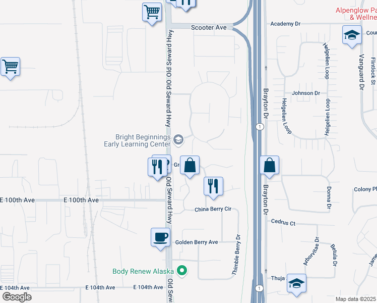 map of restaurants, bars, coffee shops, grocery stores, and more near 9702 Morningside Loop in Anchorage