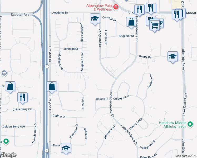map of restaurants, bars, coffee shops, grocery stores, and more near 1801 Congress Circle in Anchorage