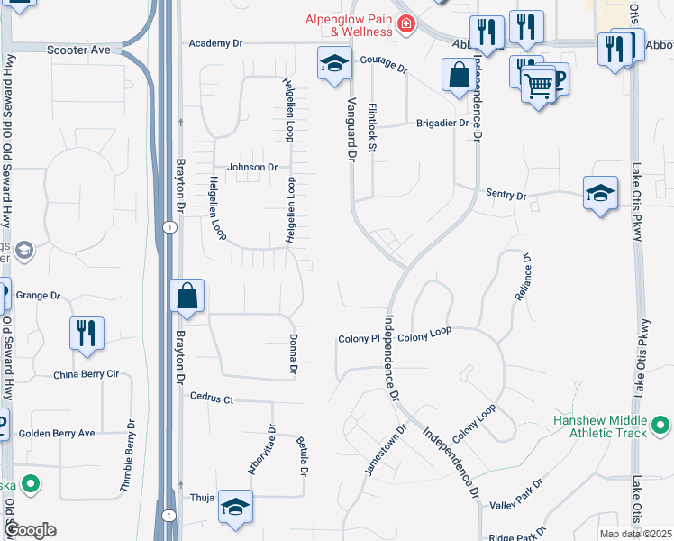 map of restaurants, bars, coffee shops, grocery stores, and more near 1801 Congress Circle in Anchorage