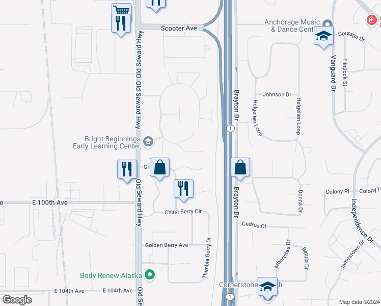 map of restaurants, bars, coffee shops, grocery stores, and more near 9736 Morningside Loop in Anchorage