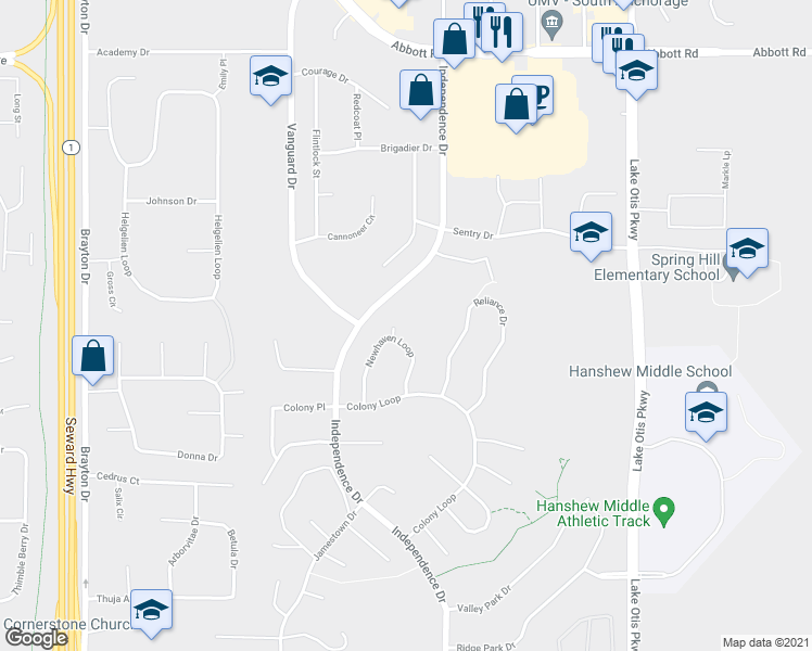 map of restaurants, bars, coffee shops, grocery stores, and more near 9731 Newhaven Loop in Anchorage