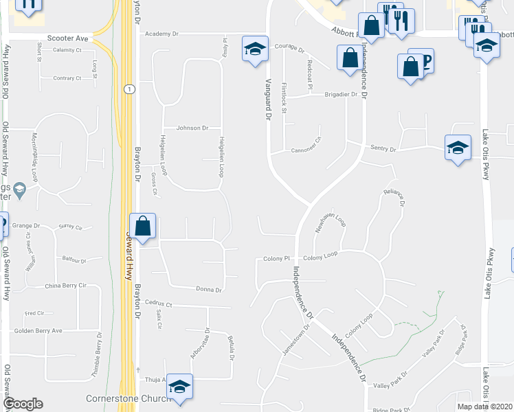 map of restaurants, bars, coffee shops, grocery stores, and more near 1801 Congress Circle in Anchorage