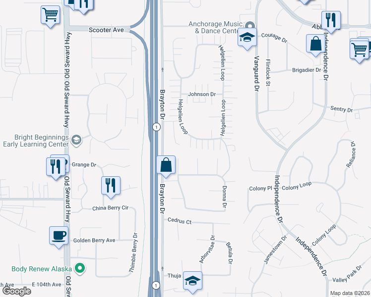 map of restaurants, bars, coffee shops, grocery stores, and more near 9499 Brayton Drive in Anchorage