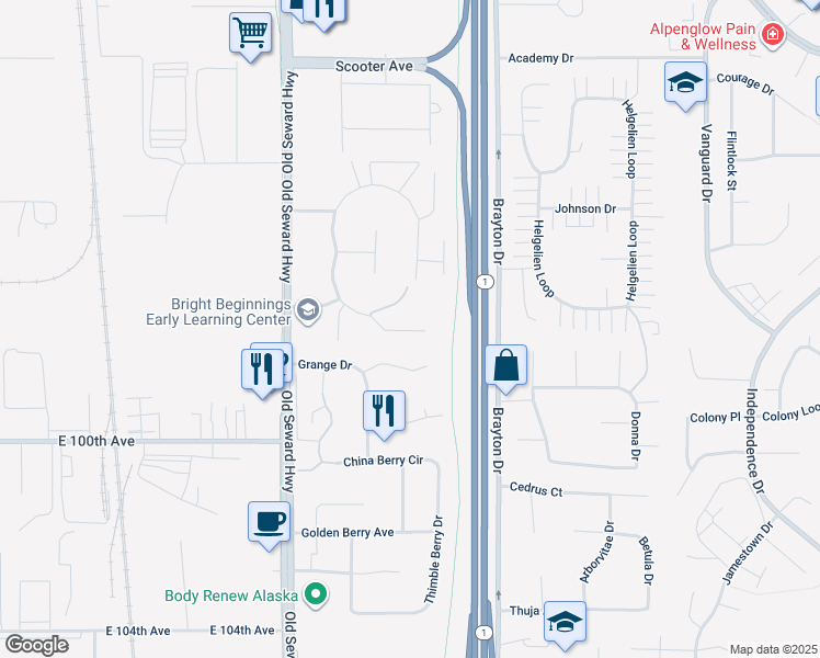 map of restaurants, bars, coffee shops, grocery stores, and more near 9736 Morningside Loop in Anchorage