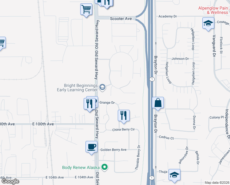 map of restaurants, bars, coffee shops, grocery stores, and more near 9700 Morningside Loop in Anchorage