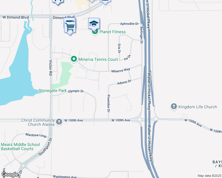 map of restaurants, bars, coffee shops, grocery stores, and more near 9725 Poseidon Drive in Anchorage
