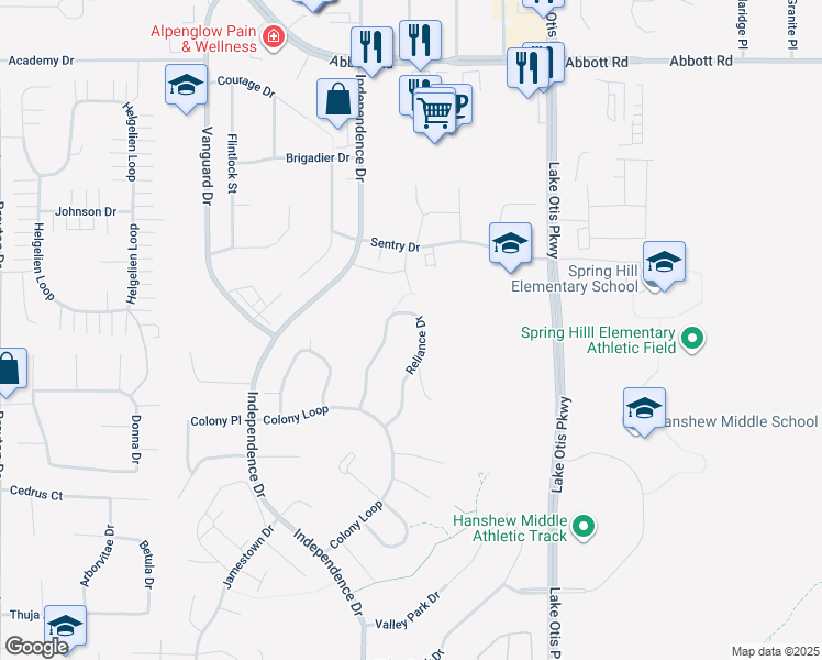 map of restaurants, bars, coffee shops, grocery stores, and more near 9776 Reliance Drive in Anchorage