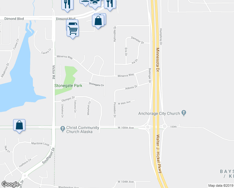 map of restaurants, bars, coffee shops, grocery stores, and more near 9725 Poseidon Drive in Anchorage