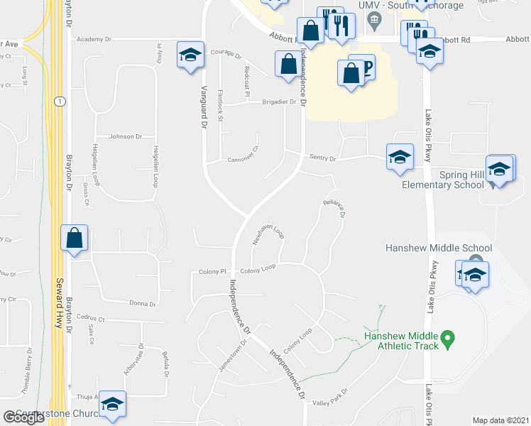 map of restaurants, bars, coffee shops, grocery stores, and more near 9715 Newhaven Loop in Anchorage