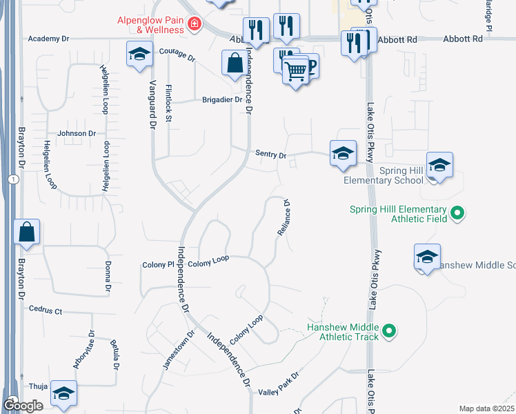 map of restaurants, bars, coffee shops, grocery stores, and more near 9713 Reliance Drive in Anchorage