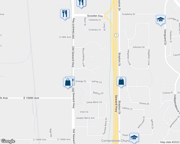 map of restaurants, bars, coffee shops, grocery stores, and more near 9721 Morningside Loop in Anchorage