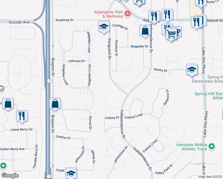 map of restaurants, bars, coffee shops, grocery stores, and more near 9700 Vanguard Drive in Anchorage