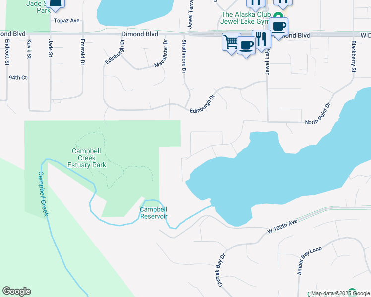 map of restaurants, bars, coffee shops, grocery stores, and more near 4201 North Point Drive in Anchorage