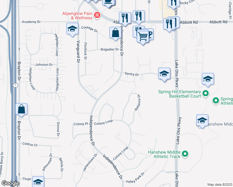 map of restaurants, bars, coffee shops, grocery stores, and more near 9725 Independence Drive in Anchorage