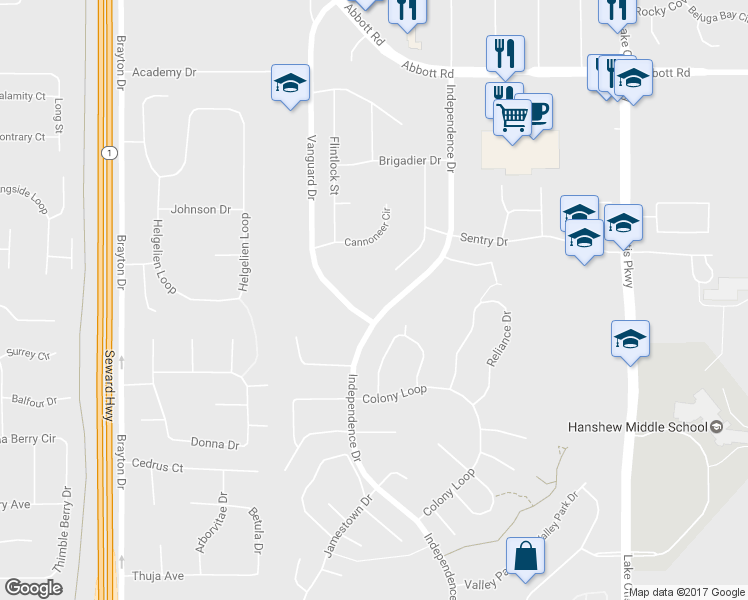 map of restaurants, bars, coffee shops, grocery stores, and more near 9731 Vanguard Drive in Anchorage