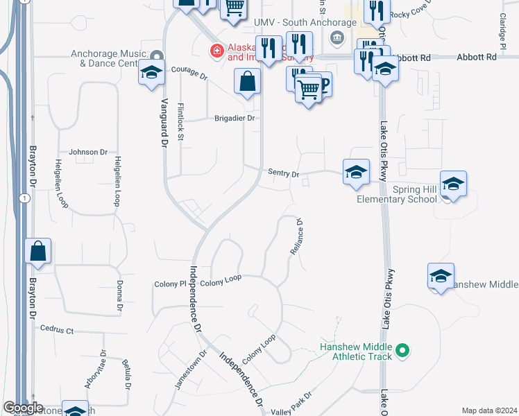 map of restaurants, bars, coffee shops, grocery stores, and more near 9713 Reliance Drive in Anchorage