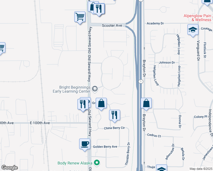 map of restaurants, bars, coffee shops, grocery stores, and more near 9700 Morningside Loop in Anchorage
