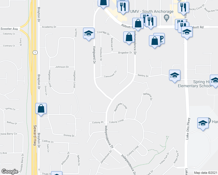 map of restaurants, bars, coffee shops, grocery stores, and more near 9731 Vanguard Drive in Anchorage