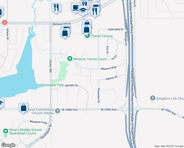 map of restaurants, bars, coffee shops, grocery stores, and more near 1910 Stonegate Circle in Anchorage
