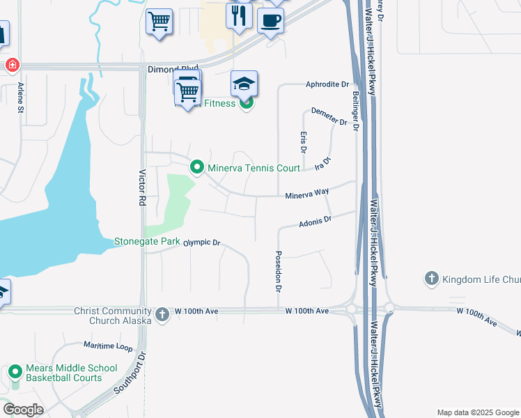 map of restaurants, bars, coffee shops, grocery stores, and more near 1901 Minerva Way in Anchorage