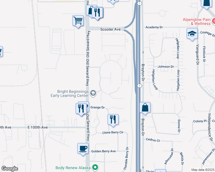 map of restaurants, bars, coffee shops, grocery stores, and more near 1130 Golden Dawn Circle in Anchorage