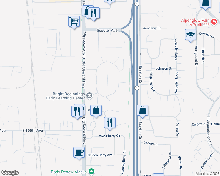 map of restaurants, bars, coffee shops, grocery stores, and more near 1150 Golden Dawn Circle in Anchorage