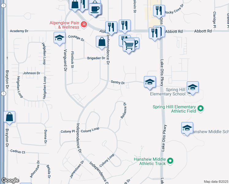 map of restaurants, bars, coffee shops, grocery stores, and more near 2201 Sentry Drive in Anchorage