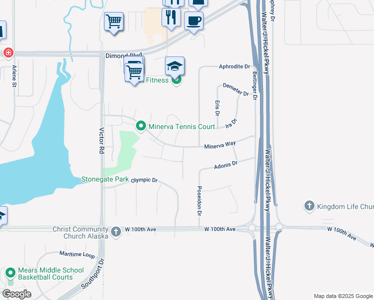 map of restaurants, bars, coffee shops, grocery stores, and more near 1910 Stonegate Circle in Anchorage