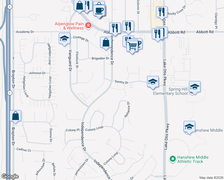 map of restaurants, bars, coffee shops, grocery stores, and more near 2201 Sentry Drive in Anchorage