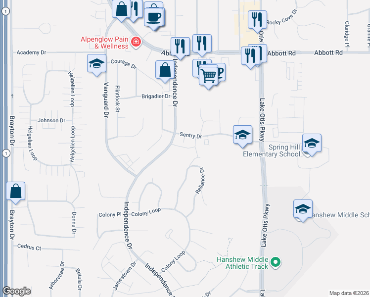 map of restaurants, bars, coffee shops, grocery stores, and more near 2201 Sentry Drive in Anchorage