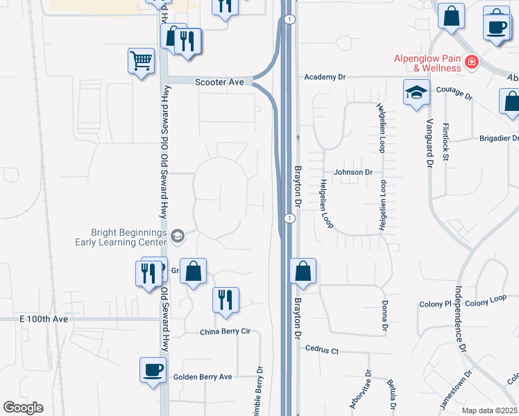 map of restaurants, bars, coffee shops, grocery stores, and more near 1317 Hillcrest Park Court in Anchorage