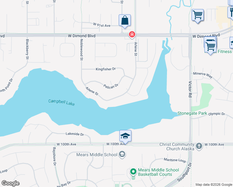 map of restaurants, bars, coffee shops, grocery stores, and more near 2770 Pelican Drive in Anchorage