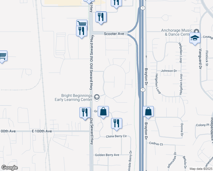 map of restaurants, bars, coffee shops, grocery stores, and more near 9601 Morningside Loop in Anchorage