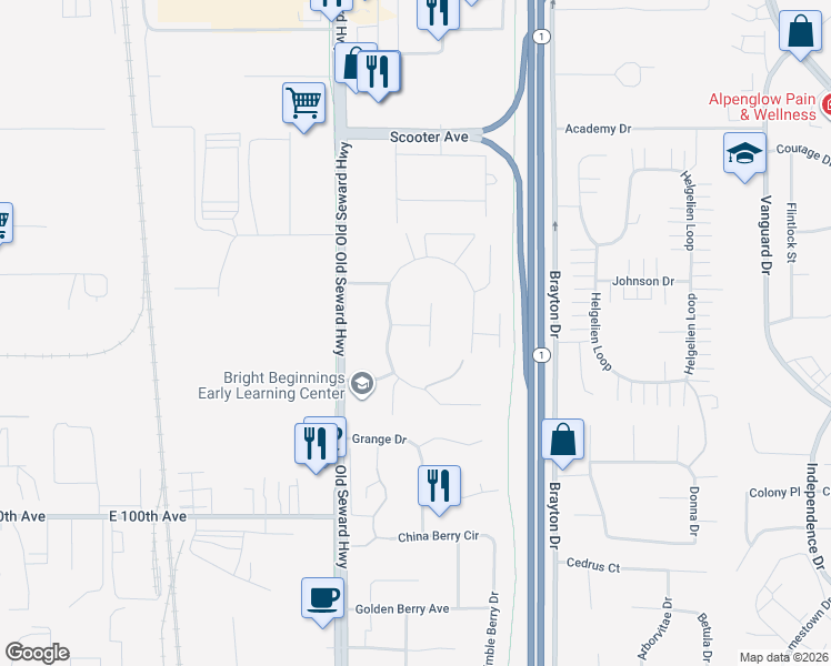 map of restaurants, bars, coffee shops, grocery stores, and more near 1111 Golden Dawn Circle in Anchorage
