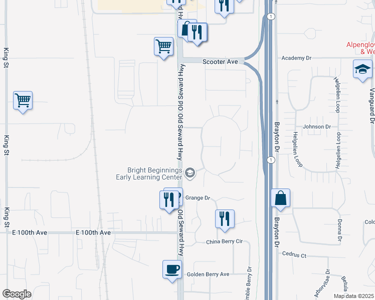 map of restaurants, bars, coffee shops, grocery stores, and more near 9540 Morningside Loop in Anchorage