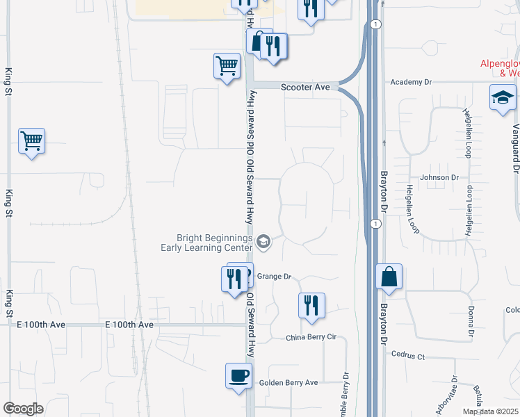 map of restaurants, bars, coffee shops, grocery stores, and more near 9540 Morningside Loop in Anchorage