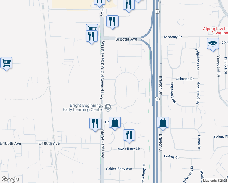 map of restaurants, bars, coffee shops, grocery stores, and more near 9728 Morningside Loop in Anchorage