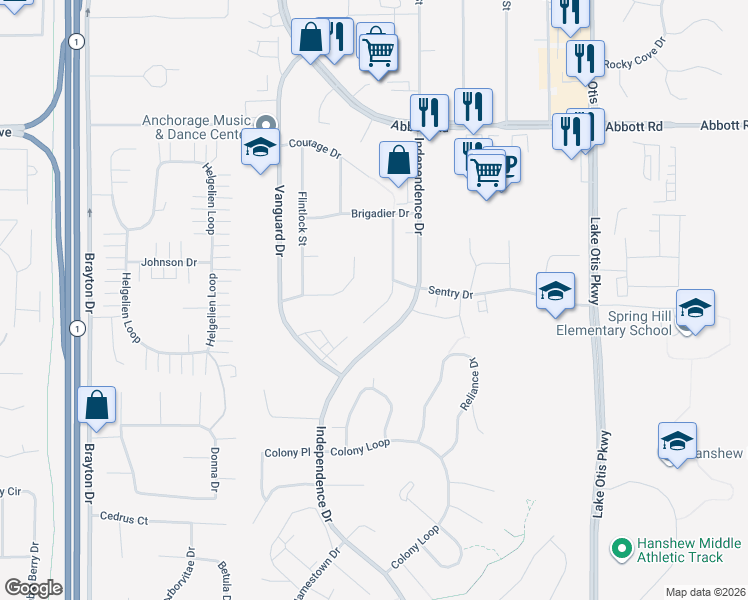 map of restaurants, bars, coffee shops, grocery stores, and more near 9630 Musket Ball Circle in Anchorage
