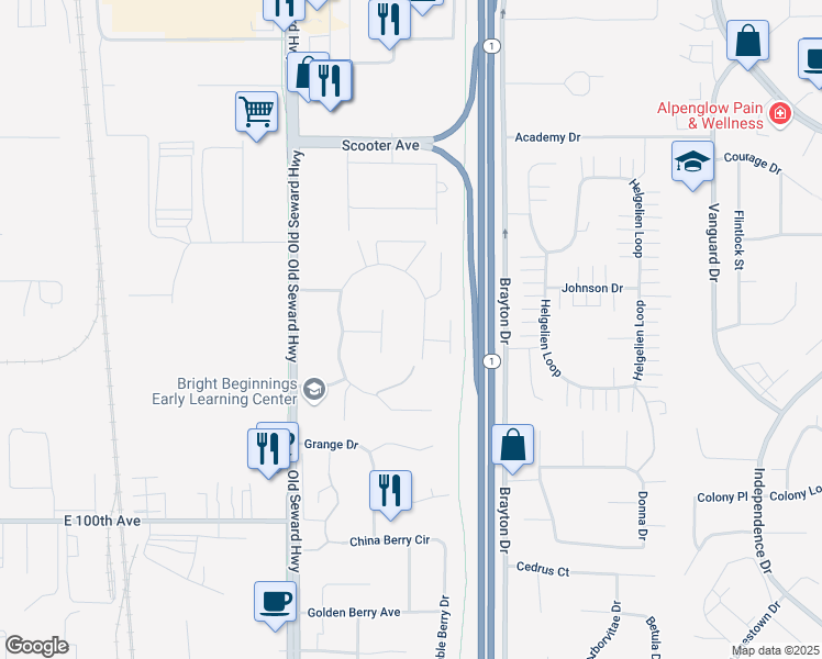 map of restaurants, bars, coffee shops, grocery stores, and more near 9399 Morningside Loop in Anchorage