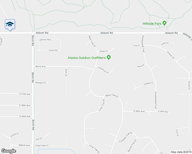 map of restaurants, bars, coffee shops, grocery stores, and more near 9601 Main Tree Drive in Anchorage