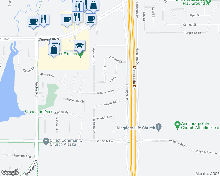 map of restaurants, bars, coffee shops, grocery stores, and more near 1749 Minerva Way in Anchorage