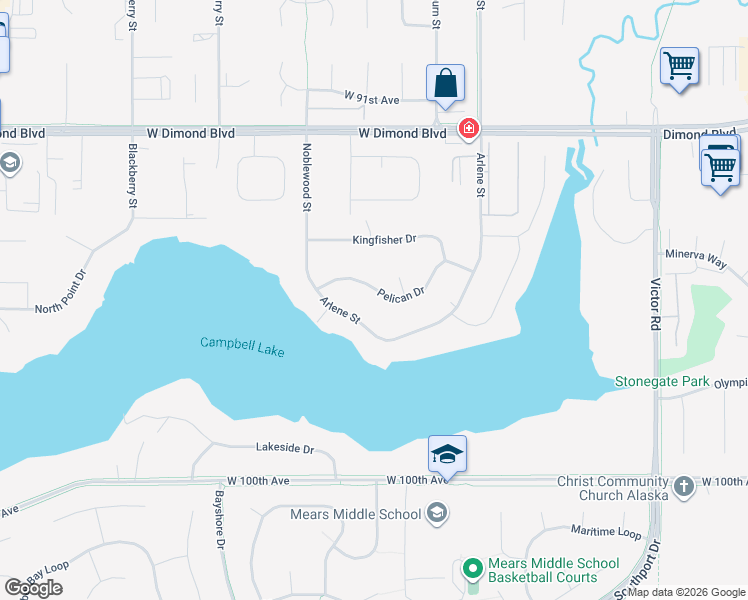 map of restaurants, bars, coffee shops, grocery stores, and more near 2830 Pelican Drive in Anchorage